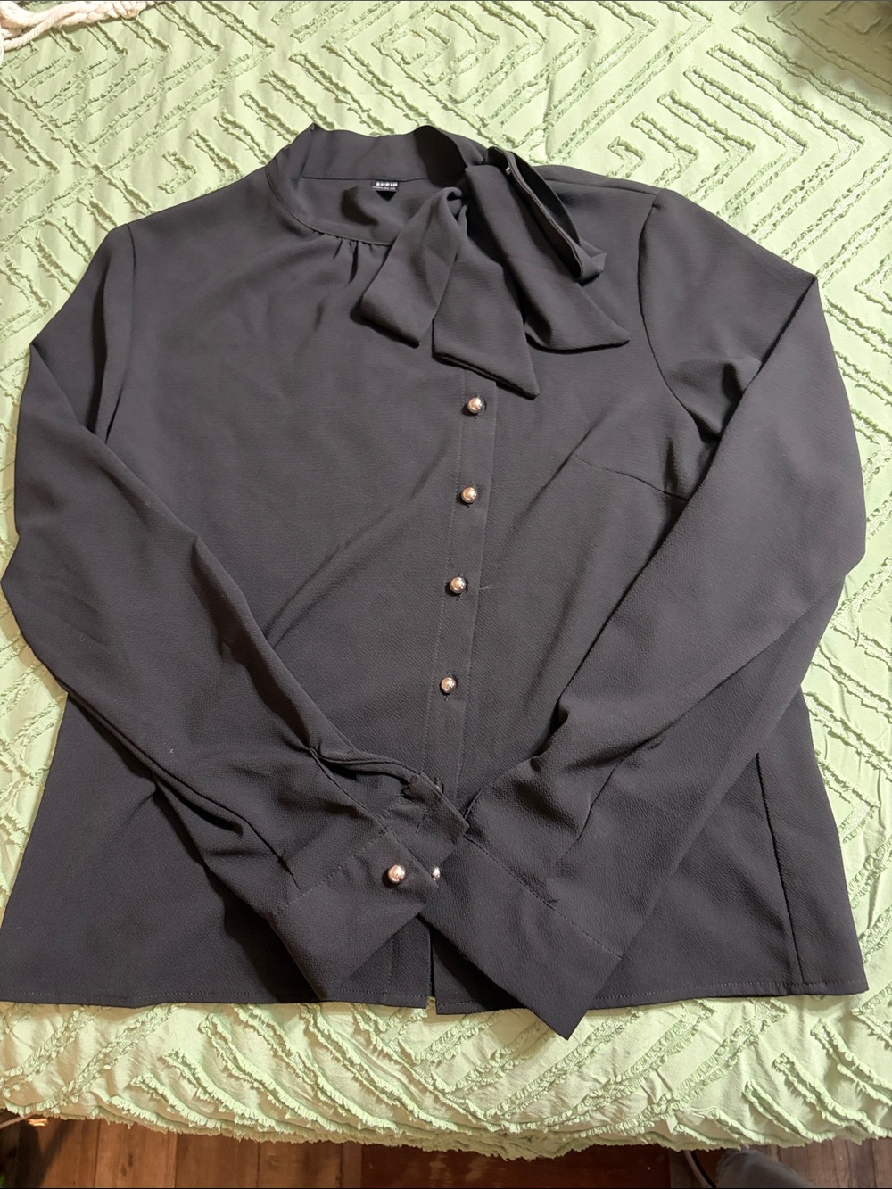 SHEIN Black Long-Sleeve Tie-Neck Blouse with Pearl Buttons